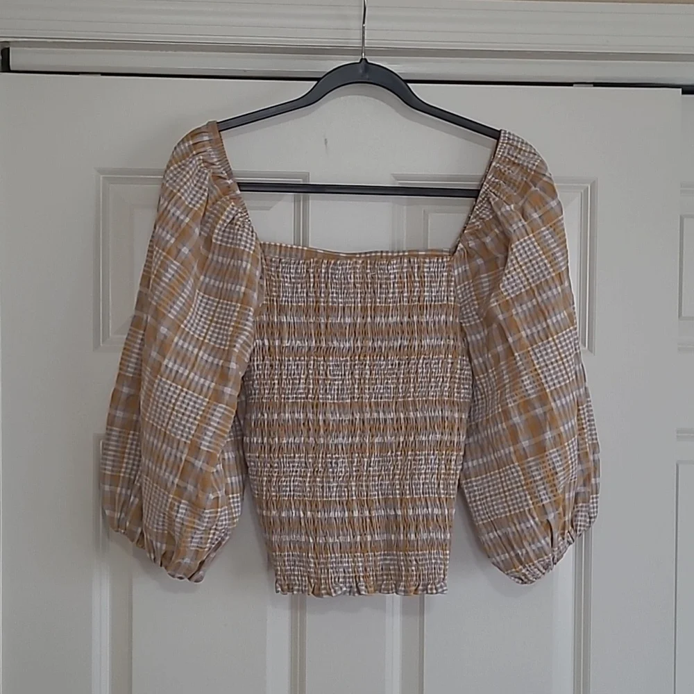 Anthro Maeve White & Yellow Plaid Smocked Blouse - Size M